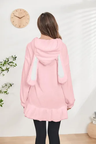 Vista 3 de Lanliun Abrigos de conejo de moda con capucha de orejas de conejo para mujer, suéter de franela con cremallera, abrigos de conejo