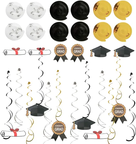 Vista 3 de ZERODECO Decoraciones para graduación, cartel en negro y dorado, pompones de papel espirales colgantes, confeti de papel, guirnaldas y globos