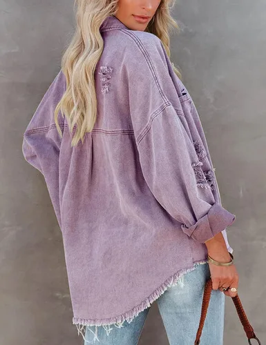 Vista 4 de Lumister Chaqueta de mezclilla de gran tamaño para mujer, suave, ligera, desgastada, con flecos rasgados, manga larga, chaqueta de mezclilla