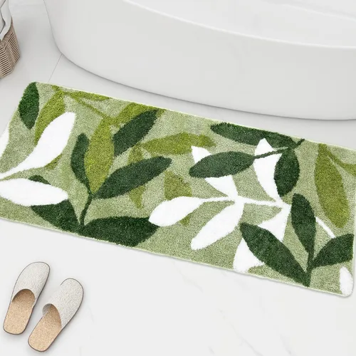 Vista 11 de Tapete verde para baño, de microfibra, absorbente, con diseño de hojas con reverso antideslizante para uso bajo techo en la puerta de entrada
