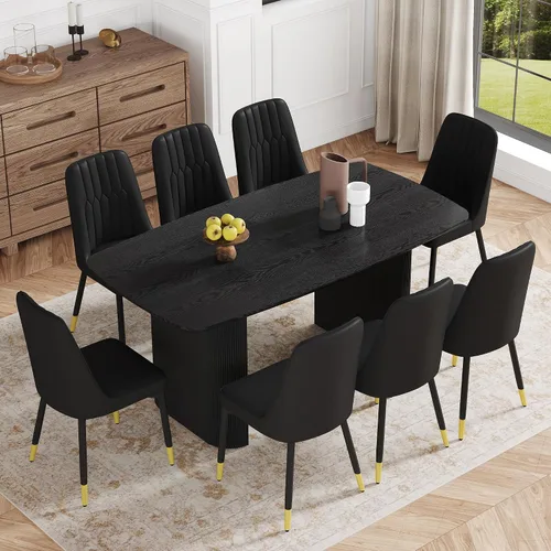 Vista 19 de Juego de mesa de comedor moderno para 4, juego de mesa de comedor negro de 67 pulgadas con mesa ovalada de madera de 3.5 pulgadas de grosor y base