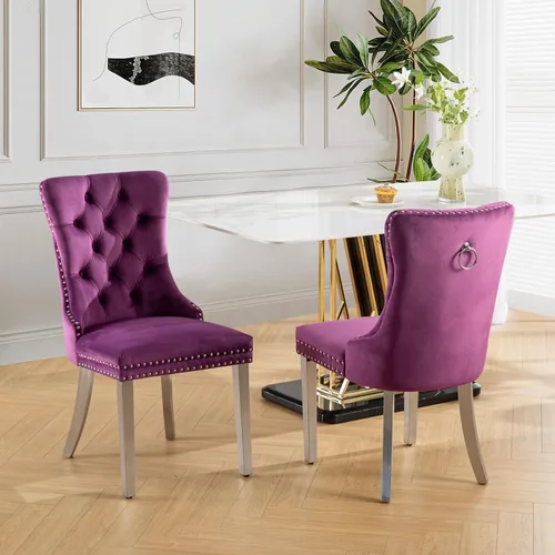 Vista 117 de SoarFlash Juego de 2 sillas de comedor de terciopelo, silla lateral de respaldo alto, silla lateral moderna tapizada de alta gama con botones Beige