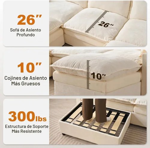 Vista 9 de Sofá modular modular de 108 pulgadas, en forma de U, moderno y cómodo, con otomana y almohadas móviles, sofás de asiento profundo para sala de Beige