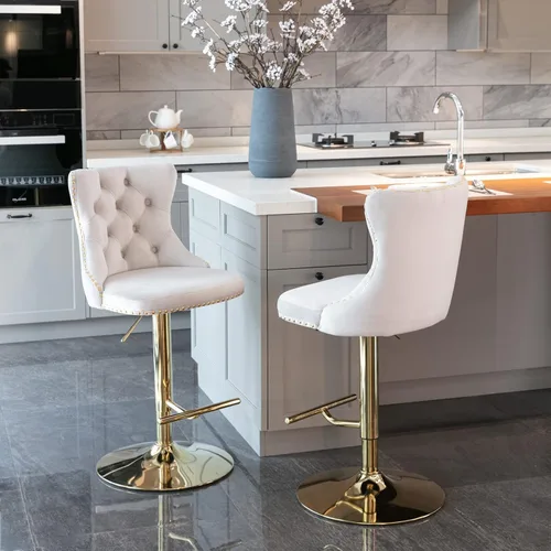 Vista 4 de Taburete de bar giratorio ajustable de altura de mostrador, silla de bar tapizada de terciopelo dorado con base cromada con respaldo acolchonado