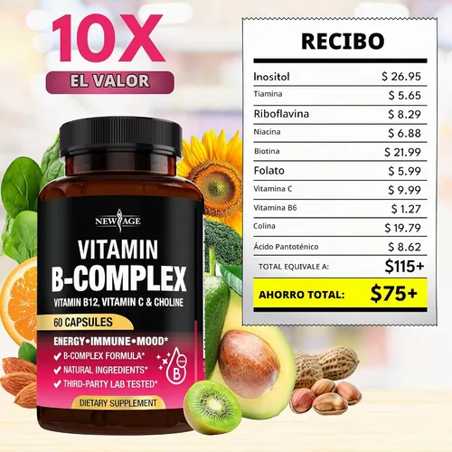 Vista 5 de Complejo de vitamina B para hombres y mujeres - Fabricado en EE. UU. - Complejo B: B1, B2, B3, B5, B6, B7, B8, B9, B12 con vitamina C, colina