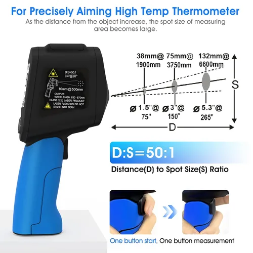 Vista 3 de Termómetros infrarrojos, pistola de termómetro láser, pistola de temperatura 50:1 para pistola de termómetro infrarrojo de -58 ℉ ~ 3416 ℉