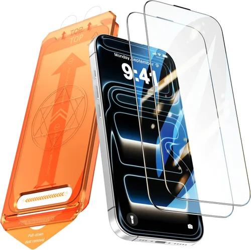 Vista 11 de Paquete de 2 protectores de pantalla para iPhone 15 Pro, dureza 9H, protector de pantalla de vidrio templado con kit de alineación automática
