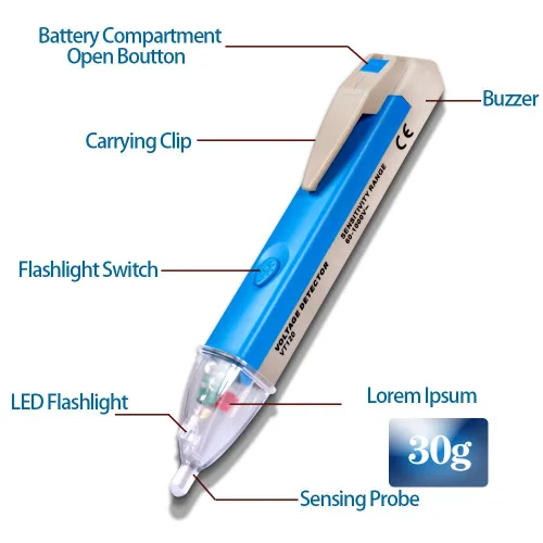 Vista 2 de Probador de voltaje sin contacto con linterna LED, alarma de zumbador, pluma detector de voltaje de CA, rango de prueba 60V - 1000V y juicio