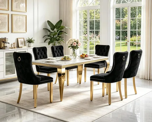 Vista 10 de Juego de 5 mesas de comedor de mármol sintético para 4 mesas de cocina de lujo de 68 pulgadas de oro blanco con 4 sillas tapizadas de terciopelo