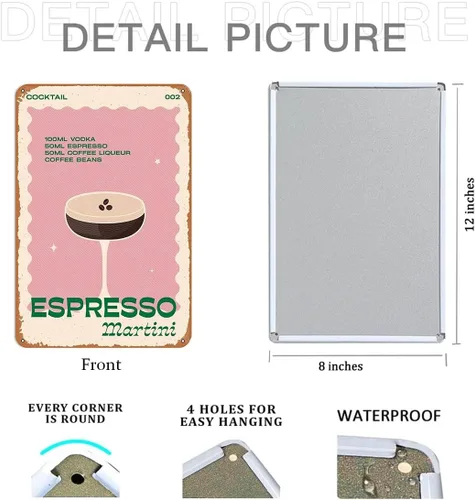 Vista 5 de Arte de pared Espresso Martini – Cartel de metal retro de cóctel para decoración de bar del hogar, regalos de Martini expreso, arte de Martini