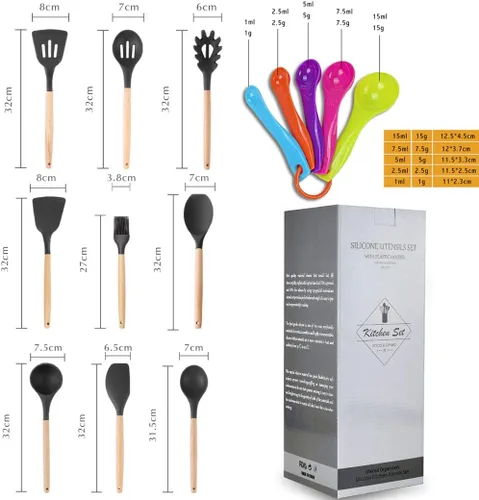 Vista 4 de Juego de 17 utensilios de silicona con mango de madera, resistente al calor, utensilios de cocina fáciles de limpiar, herramientas de cocina