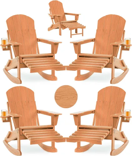 Vista 22 de Mecedora plegable Adirondack, silla de patio multifuncional 4 en 1 con otomana retráctil, silla de exterior con textura de madera, silla de césped