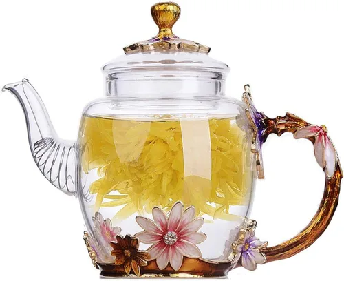Vista 9 de Tetera creativa de cristal de flores para té de Kung Fu, buen regalo para hermana, mamá, abuela, profesores (rosa azul)