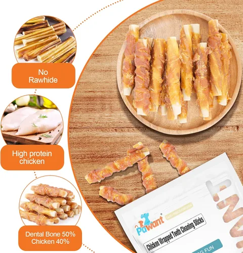 Vista 4 de Huesos dentales masticables envueltos en pollo, golosinas duraderas para control de placa y aliento fresco, alivio de la dentición del cachorro, 8