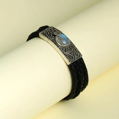 Vista 4 de Pulsera de plata de ley 925 hecha a mano con piedra lunar de fuego azul natural para hombres y mujeres, joyería de moda, Plata Esterlina, piedra