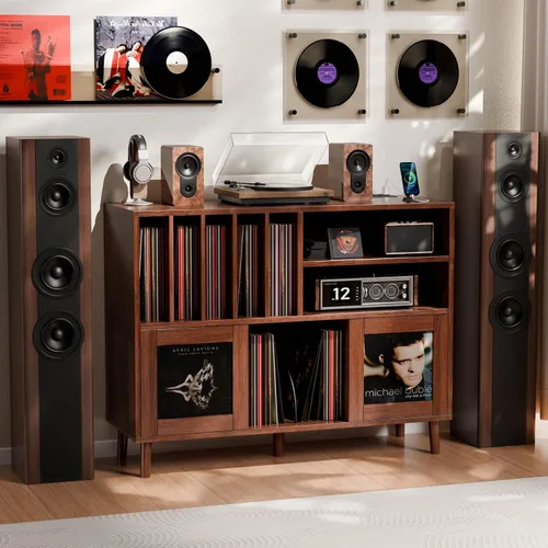 Vista 8 de Soporte XL para tocadiscos con puertas corredizas, gabinete de almacenamiento para más de 500 discos de vinilo con estación de carga y puertos USB