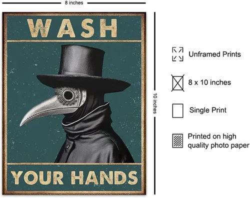 Vista 2 de Letrero de baño Plague Doctor Decor – Lávate tus manos arte gótico refranes divertidos, citas – cuervo cuervo espeluznante decoración de baño – Arte