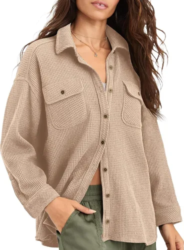 Vista 4 de Fengbay Chaqueta de punto gofre para mujer, casual, manga larga, con botones, blusas elegantes