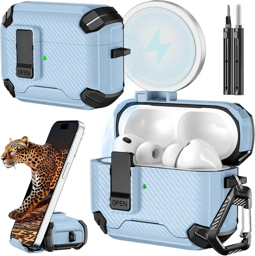 Vista 42 de Inesore Funda para AirPods Pro 1ª/2ª con bloqueo seguro (verde oscuro) Cubierta magnética de bloqueo automático con soporte para teléfono y kit