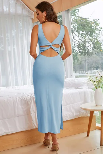 Vista 5 de ALENDA DANMOS Women's Sundress Backless Maxi Dress Sexy High Sides Slit Criss Cross Tank Dress Open Back Dress 72122