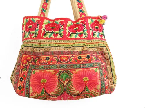 Vista 4 de changnoi Bolsa de mano hecha a mano bolsa de playa bordada Hmong Tribes tamaño grande