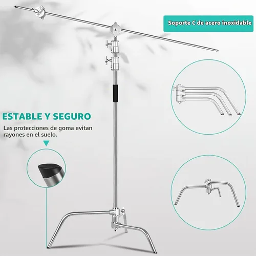 Vista 2 de Soporte en C de acero inoxidable resistente con brazo de pluma, soporte de fotografía ajustable de 3.3m/10.8 pies con brazo de sujeción de 1.3m/4.2