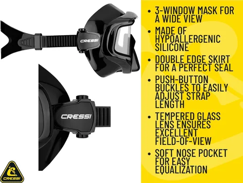 Vista 3 de Cressi Panoramic Wide View Mask & Dry Snorkel Kit for Snorkeling, Scuba Diving - Pano 3 & Supernova Dry: Designed in Italy