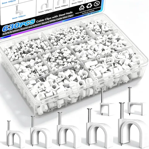 Vista 7 de mxuteuk 200 piezas de clips para cables con clavos de acero, clips para cables redondos negros de 4/6/8/10 mm, clips de pared para cables, clips