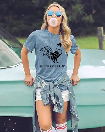 Vista 3 de Camisetas con estampado de pollo para mujer, con estampado de letras, manga corta, estilo campestre, estilo casual