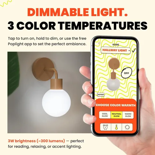Vista 6 de Poplight Aplique de pared inalámbrico (Shark Tank) Recargable y regulable, lámpara LED con control de aplicación e instalación sin daños, Diseño