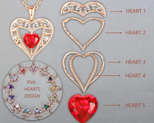 Vista 5 de Collar de cristal de 5 corazones, chapado en oro rosa de 18 quilates, colgante con cadena de plata de ley 925 de 18 + 2 pulgadas, joyería de piedra