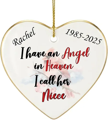Vista 24 de Adorno de Navidad conmemorativo personalizado 2025 – Recuerdo de cerámica en forma de corazón – Tengo un ángel en el cielo I Call Her Primo – Regalo