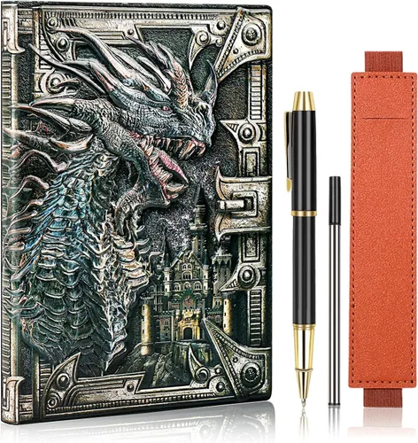 Vista 8 de DND - Cuaderno de Dungeon and Dragon de cuero en relieve 3D, diario de dragón con bolígrafo negro y funda para bolígrafo, diario de viaje vintage