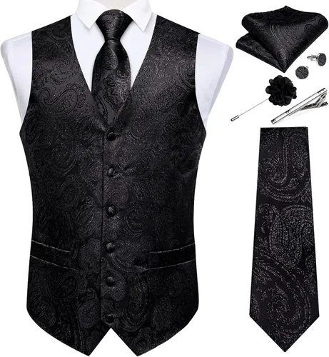 Vista 32 de DiBanGu Juego de chaleco y corbata para hombre, chaleco formal de cachemira y corbata con bolsillo cuadrado y gemelos, de seda, para traje o Verde