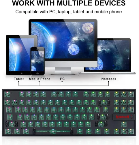 Vista 4 de Redragon BBK552 - Kit de teclado mecánico TKL para juegos personalizado, 80% 87 teclas, teclado RGB totalmente modular, con cable USB, Barebones sin