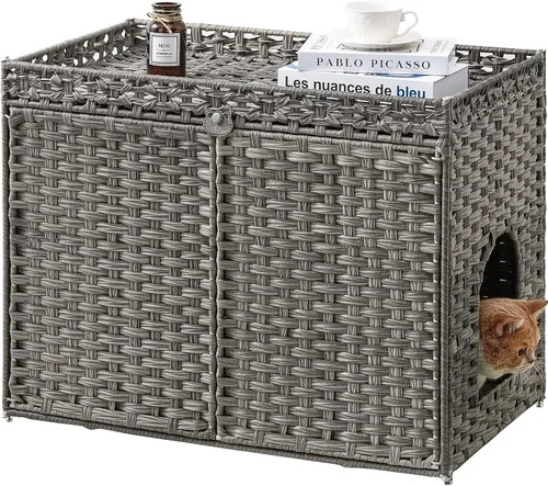 Vista 9 de SETVSON Muebles de caja de arena para gatos, caja de arena oculta, armario de arena para gatos con 2 alfombrillas de arena, casa de gato tejida a
