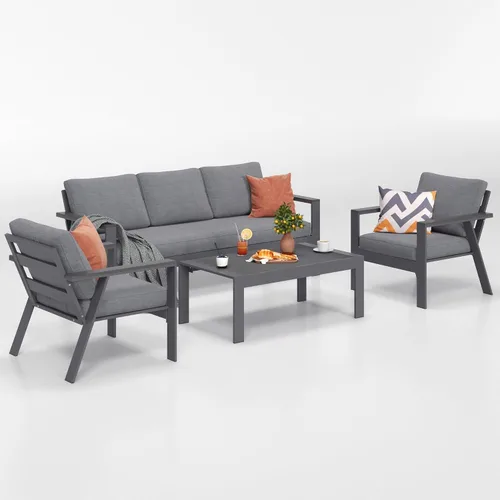 Vista 2 de Solaste Juego de muebles de aluminio para patio, sofá moderno de 4 piezas para exteriores con cojines resistentes al agua, juego de conversación