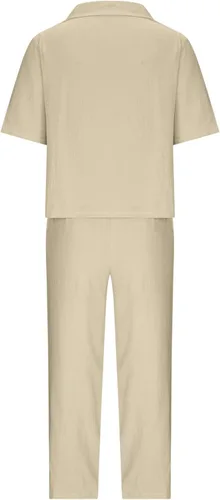 Vista 4 de Conjunto deportivo de 2 piezas para mujer, sudadera de lino de media manga de cuello alto con lazo en la cintura, pantalones holgados