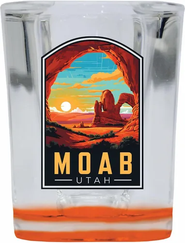Vista 4 de Moab Utah Design C Souvenir - Vaso de chupito cuadrado de 2.5 onzas, base azul individual