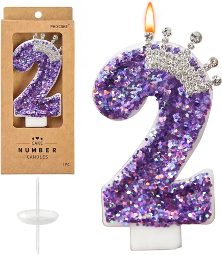 Vista 7 de PHD CAKE Velas con números de cumpleaños, velas de cumpleaños de corona rosa para pastel, velas con purpurina número 0 con lentejuelas para niñas