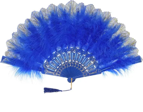 Vista 9 de BABEYOND Abanico de plumas de marabú estilo vintage de los años 20, abanico plegable de mano estilo flapper para disfraz y baile