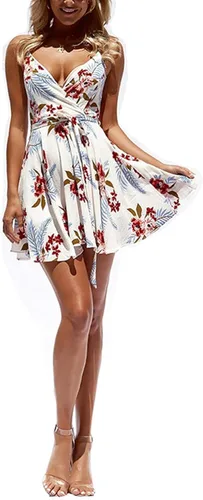 Vista 3 de CASURESS - Vestido corto de verano con cuello en V para mujer con estampado floral vuelo tirantes delgados cinturón sin mangas estilo patinadora