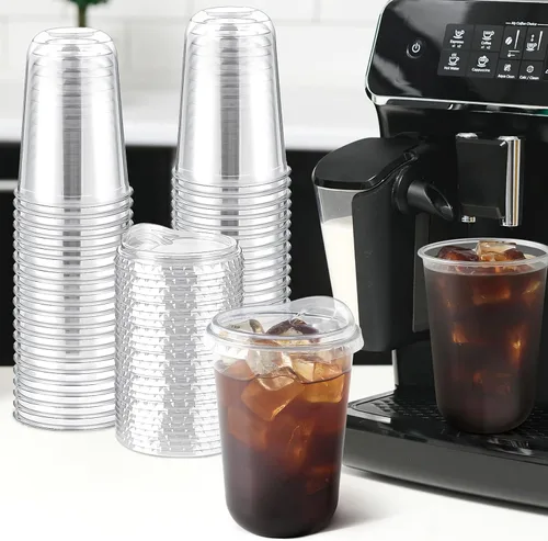 Vista 5 de Tazas de plástico transparentes con fondo redondo y tapas con orificio, 25 juegos, tazas de café helado desechables de 16 oz con tapas sin pajita