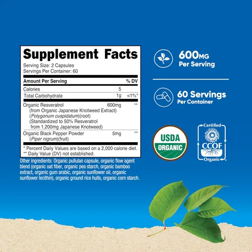 Vista 2 de Nutricost Resveratrol orgánico (600 mg) 120 cápsulas - USDA orgánico, certificado CCOF, vegano, sin OMG, sin gluten, 60 porciones
