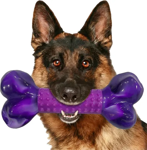 Vista 14 de Juguetes resistentes para perros masticadores agresivos de raza grande, hueso para masticar con sabor a tocino, juguete masticable de nailon y goma