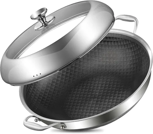 Vista 7 de DELARLO Wok con Tapa de 12 Pulgadas Wok Antiadherente, Apto para Horno Hasta 600℉, Woks y Sartenes para Freír Antiadherentes, Wok de Acero