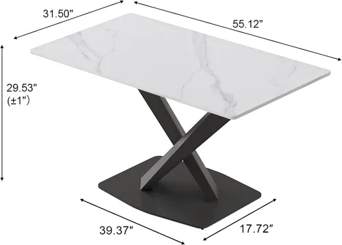 Vista 2 de Mesa de comedor moderna para 4, mesa de piedra sinterizada blanca brillante con base de acero al carbono sólido en forma de X, mesa rectangular