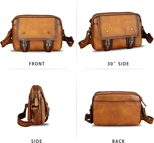 Vista 4 de Bolso bandolera de cuero genuino para hombre, bolso cruzado vintage de cuero real para hombre, bolso de mensajero para trabajo y viajes