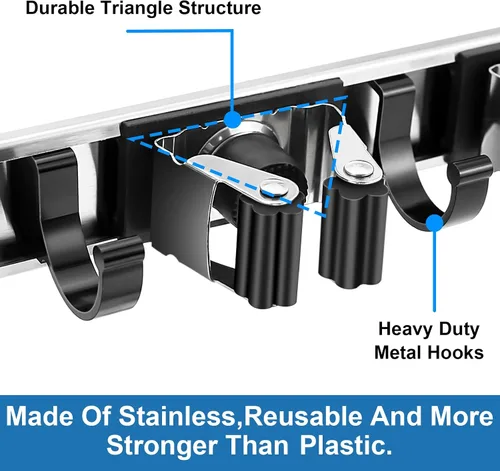 Vista 5 de Soporte de pared para trapeador y escoba, ganchos de metal resistentes, organizador de escobas, sistemas de almacenamiento de garaje, estantes