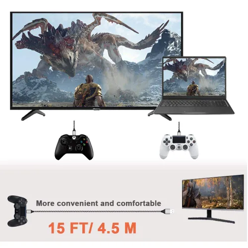 Vista 3 de TPLTECH Cable de carga para controlador PS4, 2 unidades-15 pies Micro USB 2.0 de nailon trenzado, cargador rápido y cable, cable de carga